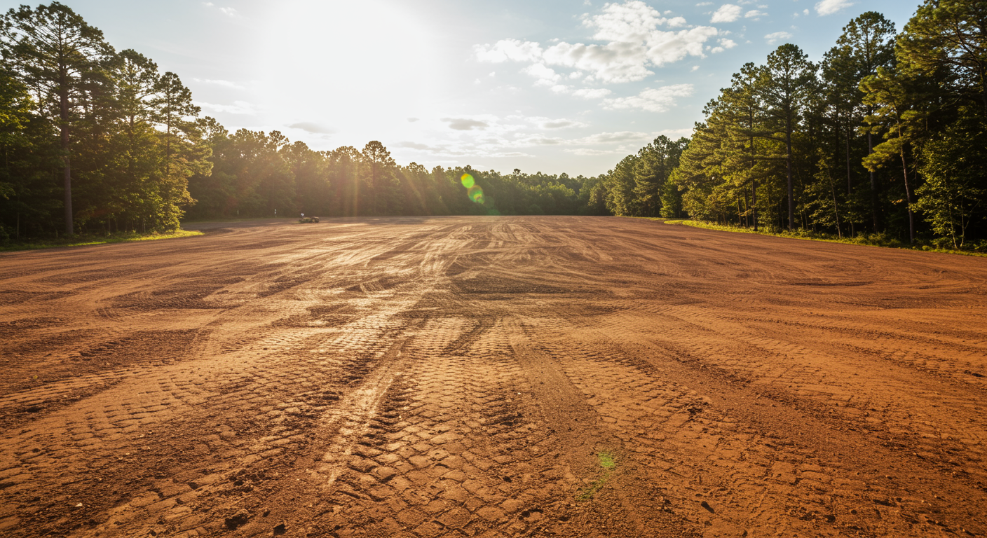 Finished land clearing and grading showing a smooth, even dirt surface ready for construction with natural tree line, completed by a professional excavating contractor