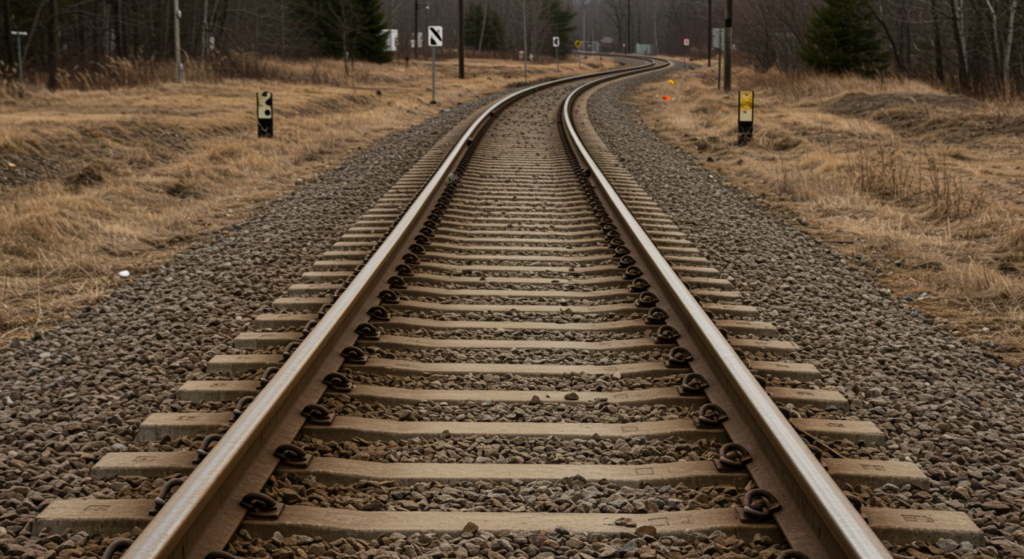 Completed railroad track installed on graded gravel bed by excavating contractor, showcasing finished railroad construction in open landscape