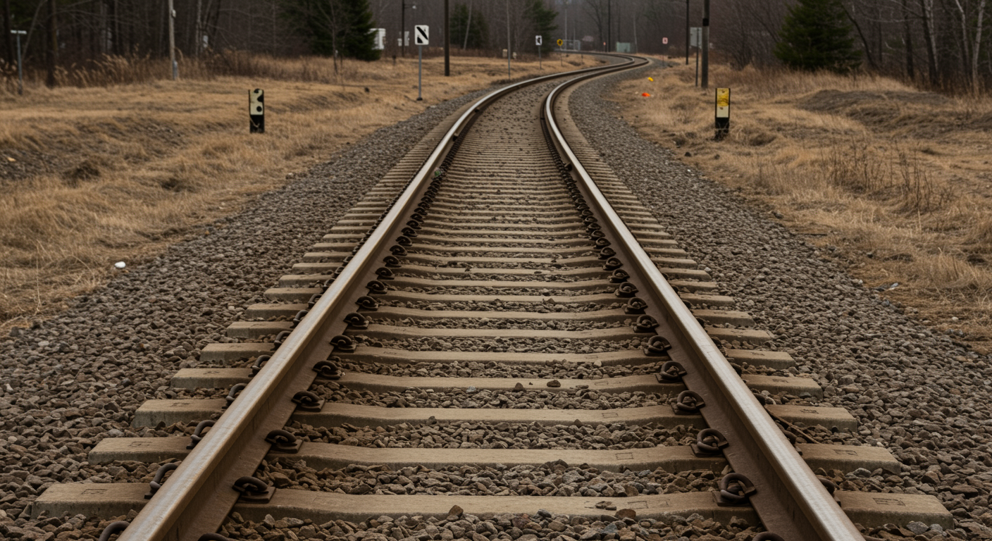 Completed railroad track installed on graded gravel bed by excavating contractor, showcasing finished railroad construction in open landscape