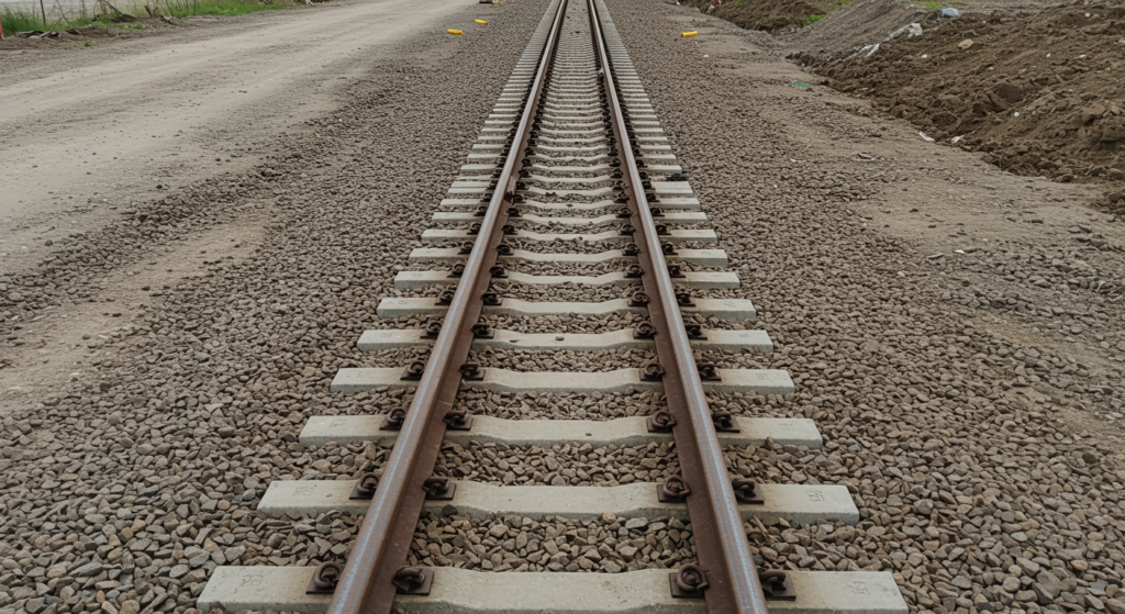 Completed railroad switch and turnout installation by excavating contractor on clean gravel bed