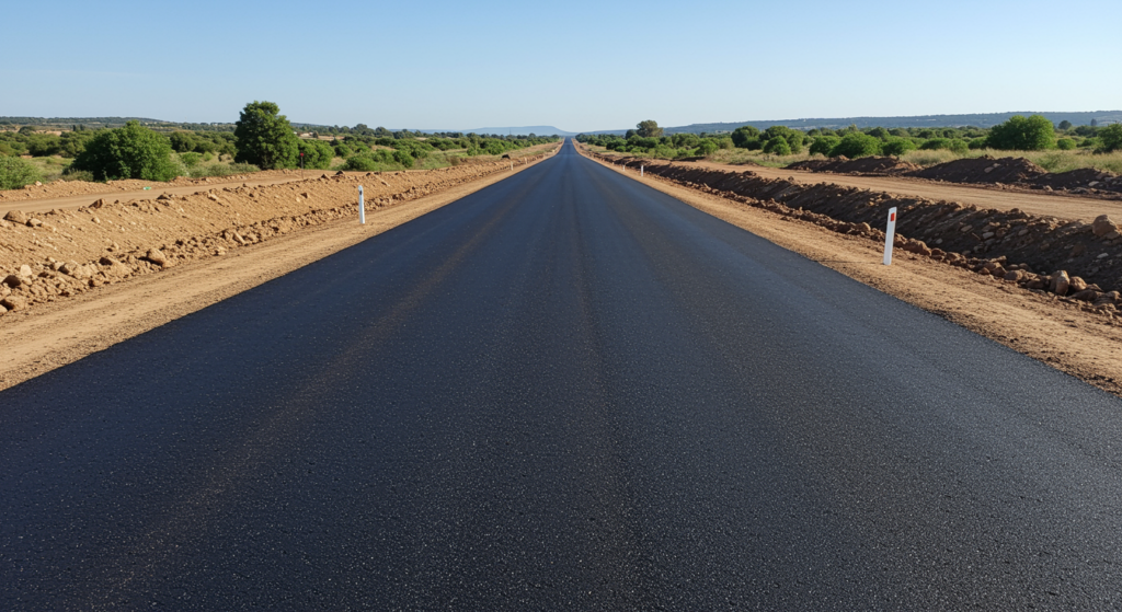 Newly finished road with smooth asphalt and clean edges, showcasing expert road building by an excavating contractor