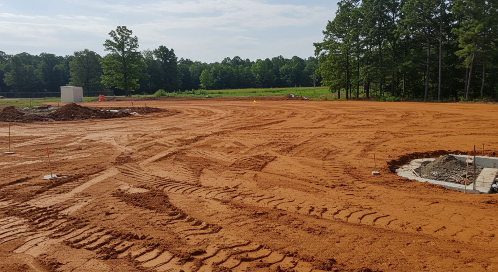 Cleared and graded construction site with smooth dirt surface and tree-lined border, prepared by an excavating contractor