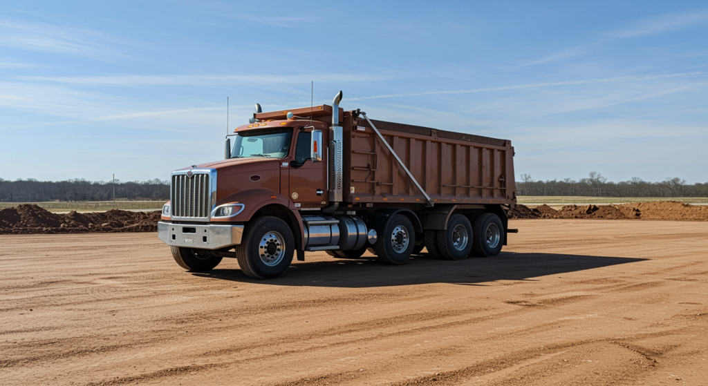 Excavating contractor dump truck on a finished graded site with clean dirt and open sky, showcasing trucking and hauling services